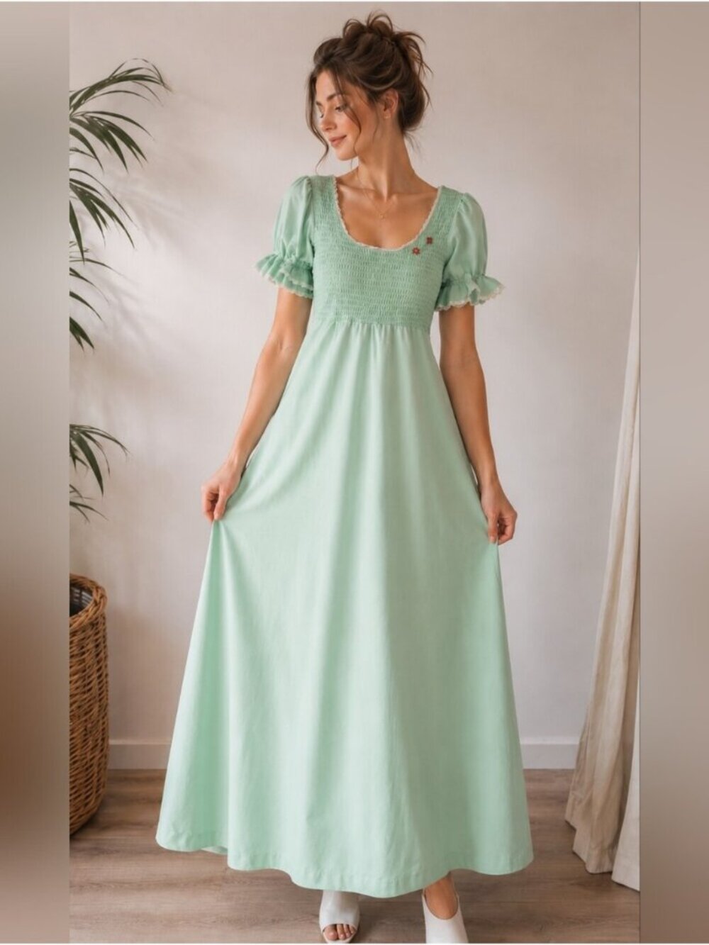 Vintage Mint Green Smocked Maxi Dress with Puff Sleeves